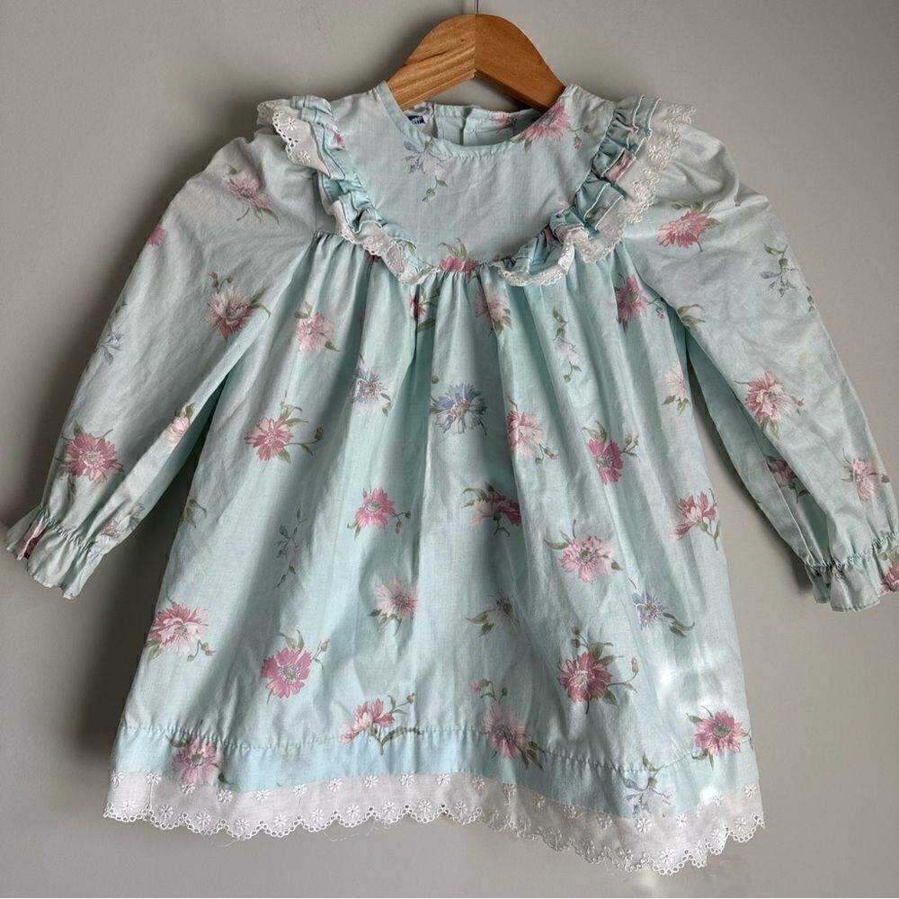 Vintage POLLY FLINDERS blue Floral ruffle Cottagecore Dress Toddler Size 4